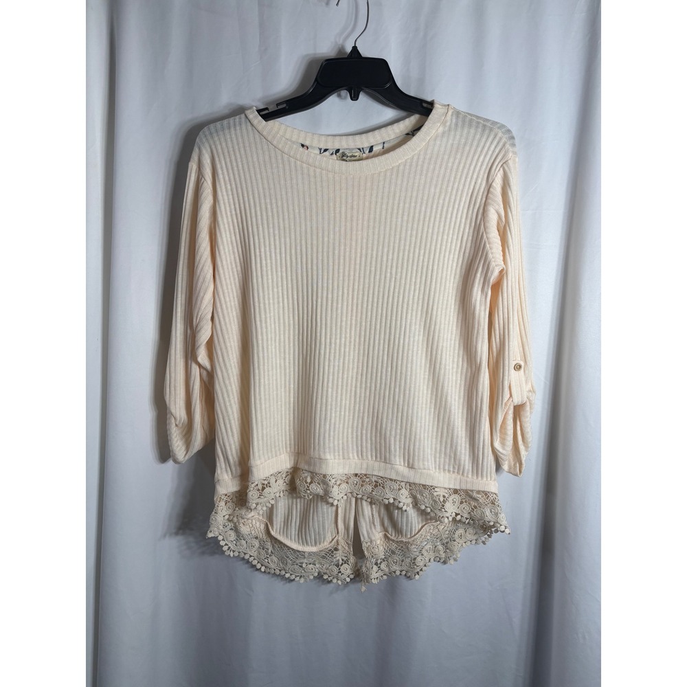 Lily Star Womens Cream Ribbed Lace‎ Trim High Low Split Back Top XL